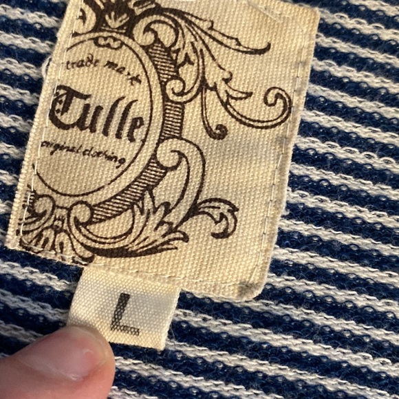 Tulle Original Clothing blazer. Blue/white stripe. Size L. 3/4 ruched sleeves. - Picture 8 of 14